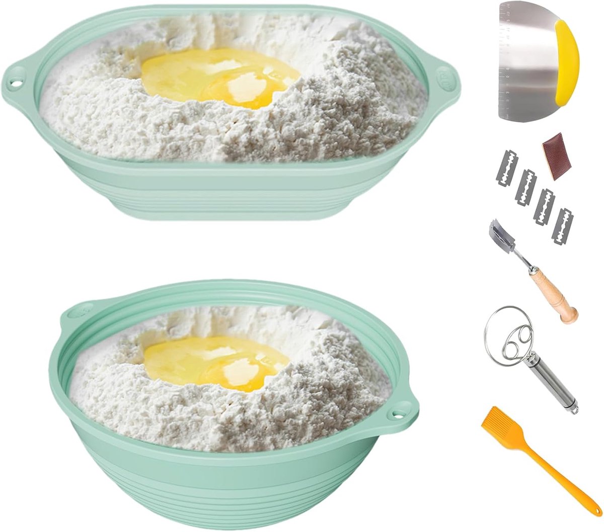 Broodmand Set - Bakmandjes Opvouwbaar - Zelf Brood Bakken - Inclusief Gereedschap - Set van 6 - Lichtgroen
