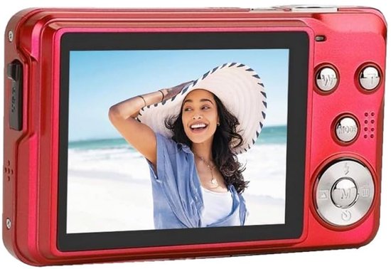Rode digitale camera met beeld van lachende vrouw met grote hoed op het strand op het scherm.