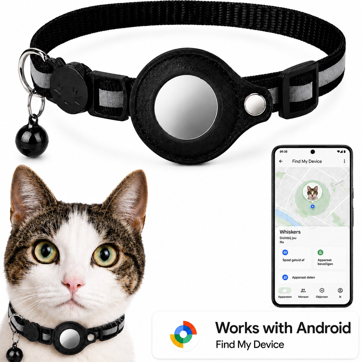 BlueTime ® - Kattenhalsband inclusief Tag - Halsband Kat & Kitten met Kattenbelletje - Gps Tracker Kat zonder Abonnement - Geschikt voor Android Find My Device - Kattenbandje, Poes, Kattenriem air & Tuigje met Houder - Zwart