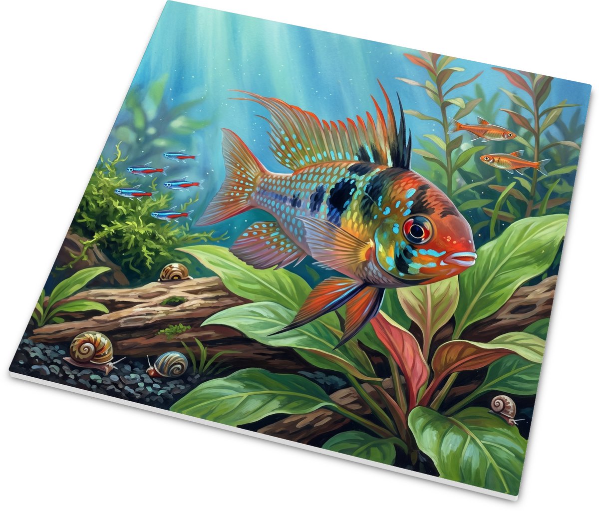 Tegeltje met Mikrogeophagus ramirezi - Kleurrijke aquarium illustratie voor visliefhebbers
