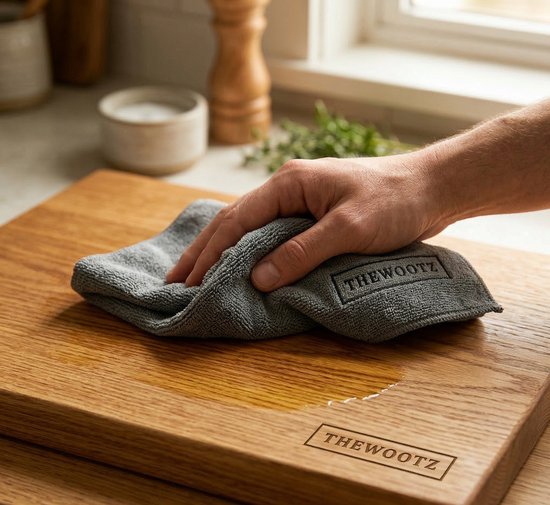 Een hand veegt een grijze microvezeldoek met 'THEWOOTZ' gravure over een natte, houten snijplank.