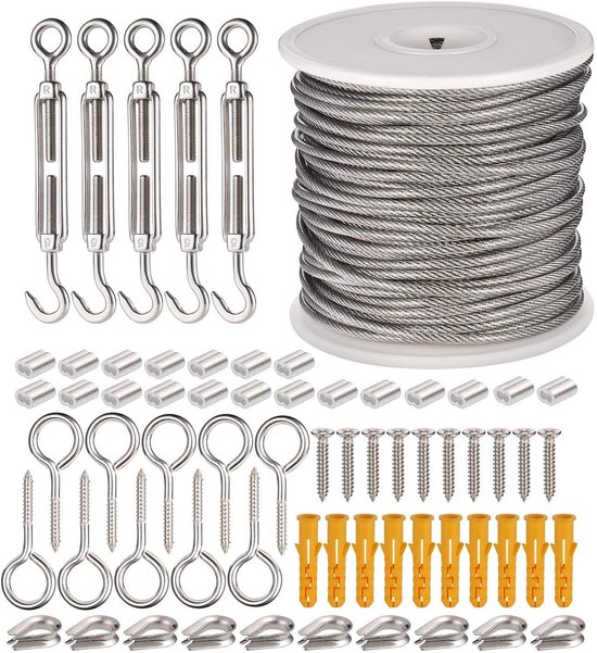 Uitgebreide RVS kabelset inclusief haspel, spanners, oogschroeven, pluggen, klemmen en hulzen.