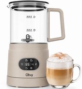 Beige melkopschuimer met een glas romige cappuccino ernaast. Bevat tekstdisplay met temperatuur.