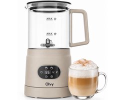 Olvy Melkopschuimer Glas - Elektrische Melkopschuimer 500W - 4-in-1 - Warm & Koud Schuim - 160 ml Melkschuim - 400 ml Warme Melk - Temperatuurdisplay - BPA & PFAS Vrij - Beige