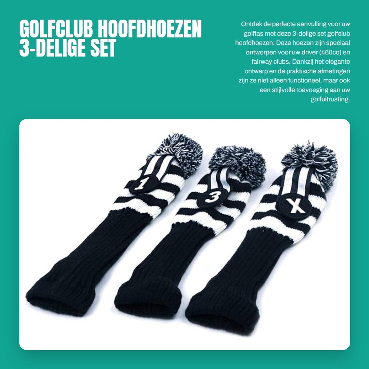 Dailygoods- Golfclub Hoofdhoezen 3-delige Set - Geschikt voor Driver (460cc) - Fairway - Gebreide Stof - Zwart/Wit - Bescherming tegen Krassen - Headcovers