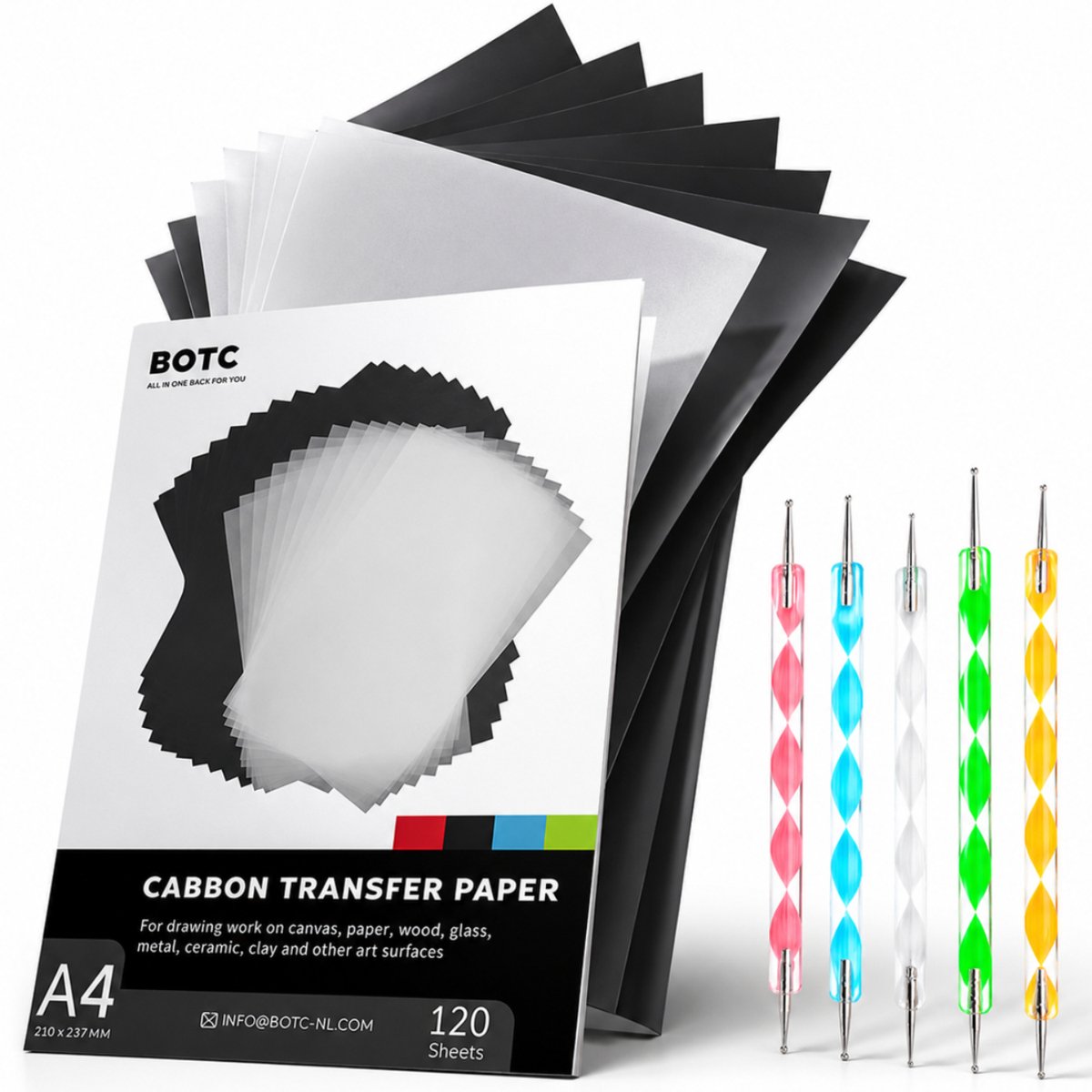 BOTC A4 Carbonpapier - 120 stuks - met 5 Overtrekpennen - Zwart - Carbonpapier voor Hobby en Tekenen / op hout