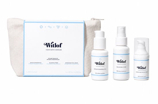 Witlof Probeer- en Reisset met toilettas, reinigingsmelk, toner en gezichtscrème.
