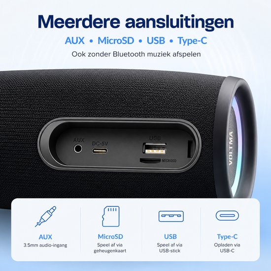 Voltma Melody Bluetooth-luidspreker, 40W draagbare luidspreker, IPX5 waterdicht met RGB-verlichting, 360° surround sound, tot 40uur speeltijd, compatibel met smartphones, pc, inclusief TF-kaartsleuf, Aux, USB C en USB A-sleuf van Voltma — afbeelding 5