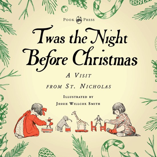 Boek 'Twas the Night Before Christmas' met illustraties van Jessie Willcox Smith. Kinderen spelen met speelgoed, omringd door winterse takken.