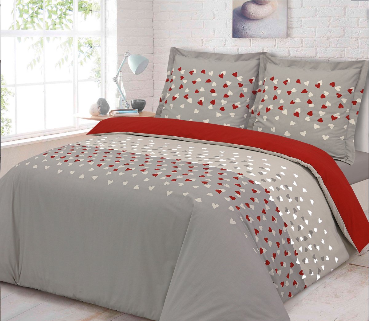 VISION Lovely hearts - 100% katoen - Dekbedovertrekset 260 x 240cm met 2 bijhorende slopen 65 x 65cm - Beige en rood - Oekotex