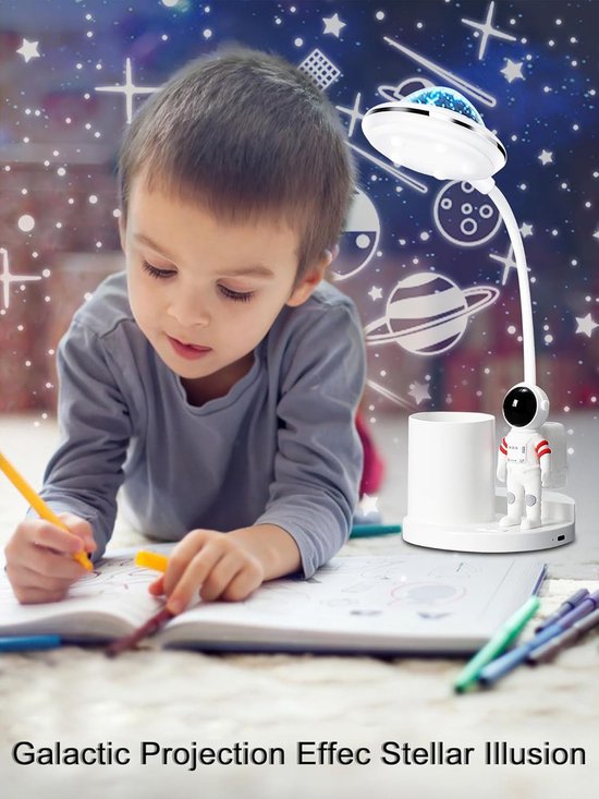 LED Desk Lamp for Kids - Astronaut Theme Portable Table Lamp with Projection and Pencil Holder - Dimmable and Rechargeable Reading Lamp for Students Dormitory Study — afbeelding 3