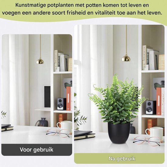 Vergelijking van een bureau voor en na decoratie met een kunstplant in een zwarte pot.