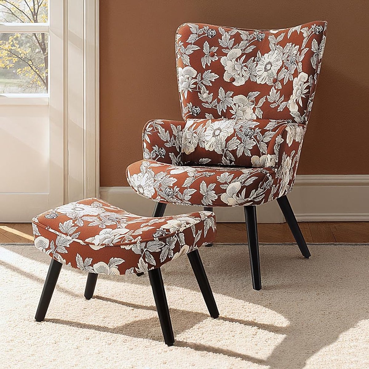 HomeMiYN Fauteuil met Voetenbank – Eénpersoons Loungestoel in Linnenlook Roest Rood met Crème Bloemen – Comfortabele Relax Stoel met Hocker – Vintage Design Stoel voor Woonkamer en Slaapkamer