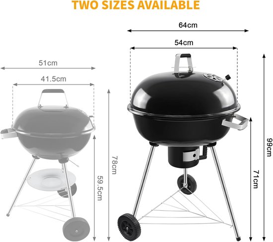 Kogelbarbecue 54 cm met Deksel - Houtskool BBQ Grillwagen met Wielen - Ronde Houtskoolgrill 64 x 64 x 99 cm voor Tuin, Camping, Terras, Picknick en Buiten Koken — afbeelding 2