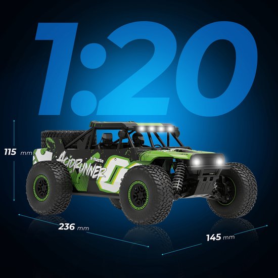 Groene en witte RC-auto "Acid Runner" 1:20, met LED-verlichting en afmetingen 236x145x115 mm.