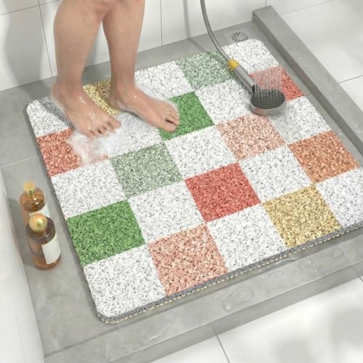 PromoHome Antislip Douchemat met Loofah Textuur, Zachte PVC Badmat 60x60cm - Vierkant - Multicolor Ruit