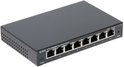 Zwarte TP-Link 8-poorts Gigabit Easy Smart Switch met 8 Ethernet-poorten, groene "Power"-indicator en "Reset"-knop.