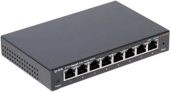 Zwarte TP-Link 8-poorts Gigabit Easy Smart Switch met 8 Ethernet-poorten, groene "Power"-indicator en "Reset"-knop.