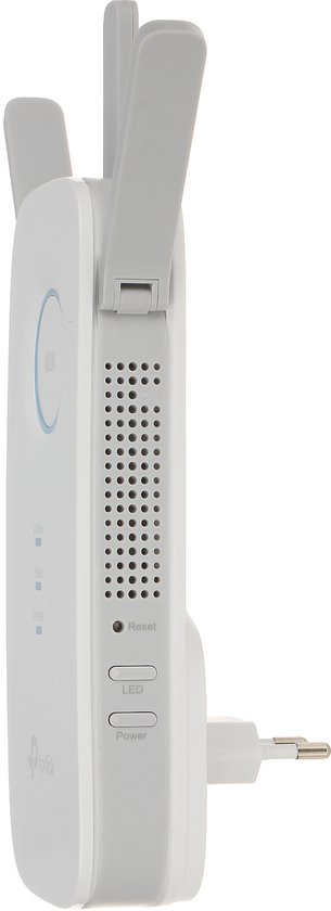 Zijaanzicht van een witte TP-Link WiFi-range-extender met stekker, reset- en powerknoppen.