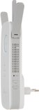 Zijaanzicht van een witte TP-Link WiFi-range-extender met stekker, reset- en powerknoppen.
