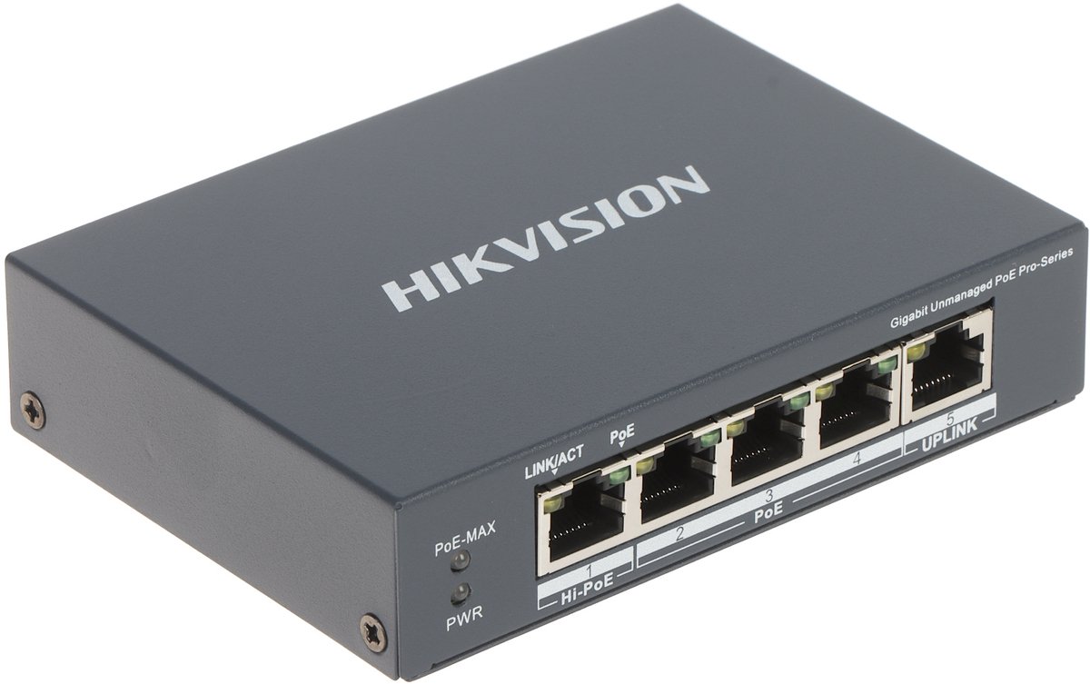 Hikvision DS-3E0505HP-E Pro Series 4 poort Fast Ethernet Smart unmanaged POE switch met 1x Hi-PoE en 1x RJ45