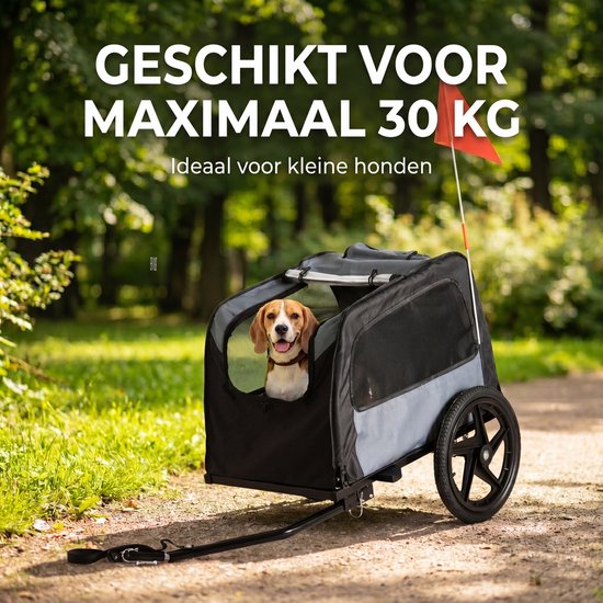 Zwarte en grijze hondenfietskar met een beagle die naar buiten kijkt, met "GESCHIKT VOOR MAXIMAAL 30 KG".