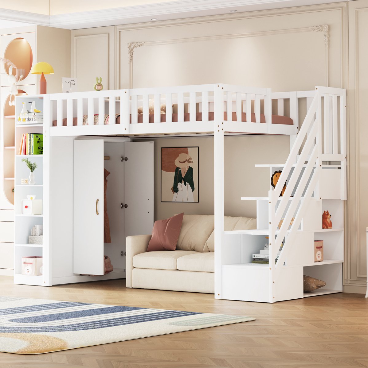 MEUNIQ hoogslaper 90x200 cm met kledingkast, planken, opbergkasten en veiligheidsladder, kinderbed voor kinderkamer, wit White