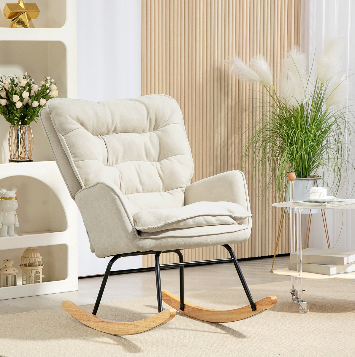HAUSS SPOLE Schommelstoel - Fauteuil Met Armleuningen En Chenilleoptiek - Zacht Gepolsterd Voor Woonkamer En Slaapkamer - Hout En Stof - Beige