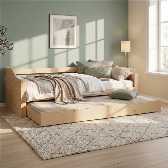 Homestyle4u Gastenbed - 90x200 cm - Eenpersoonsbed - Uitschuifbed - met lattenbodem - Natuur