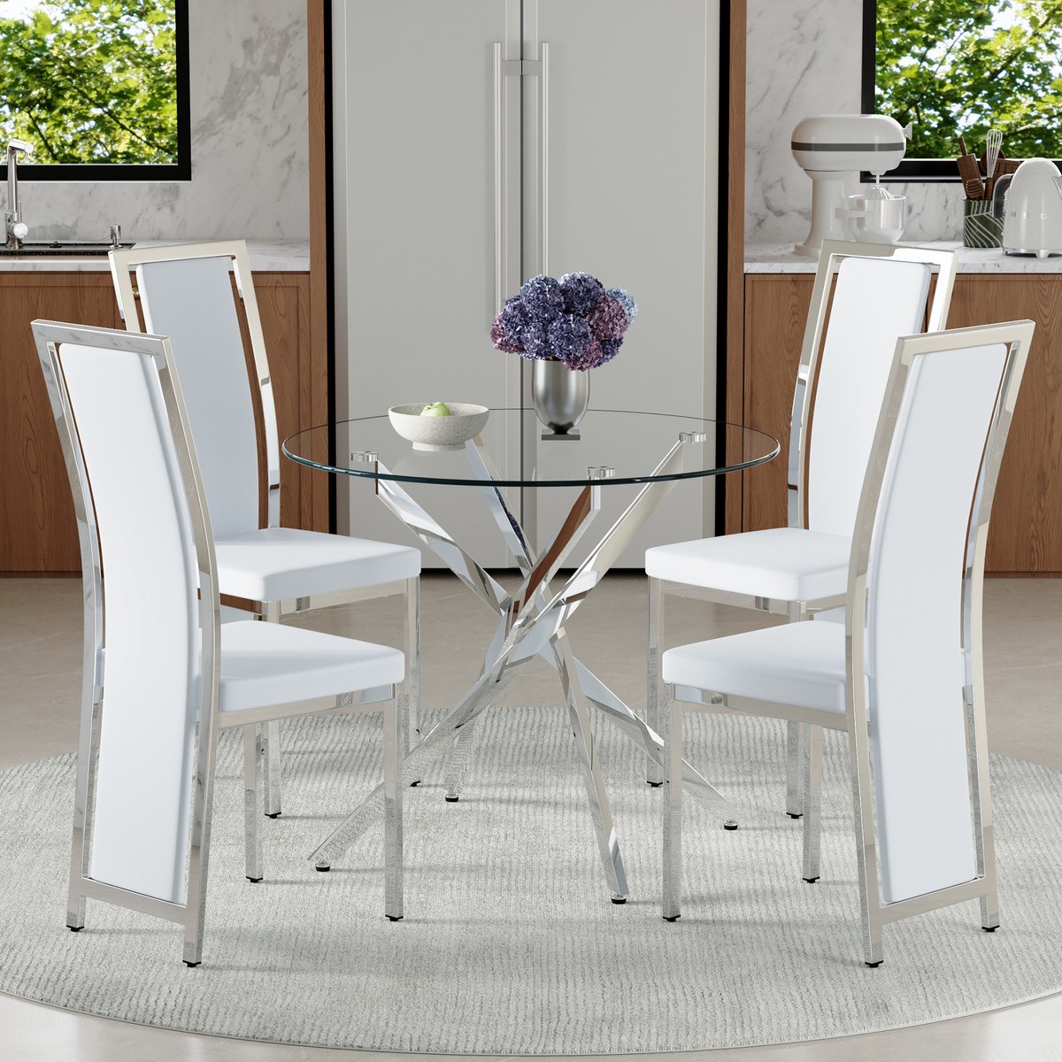 STILVORA Eettafelset - Ronde Glazen Tafel Met 4 Stoelen - Compact Voor Eethooek En Keuken - Metaal En Kunststof - 88x88x75 Cm - Transparant Wit Zilver