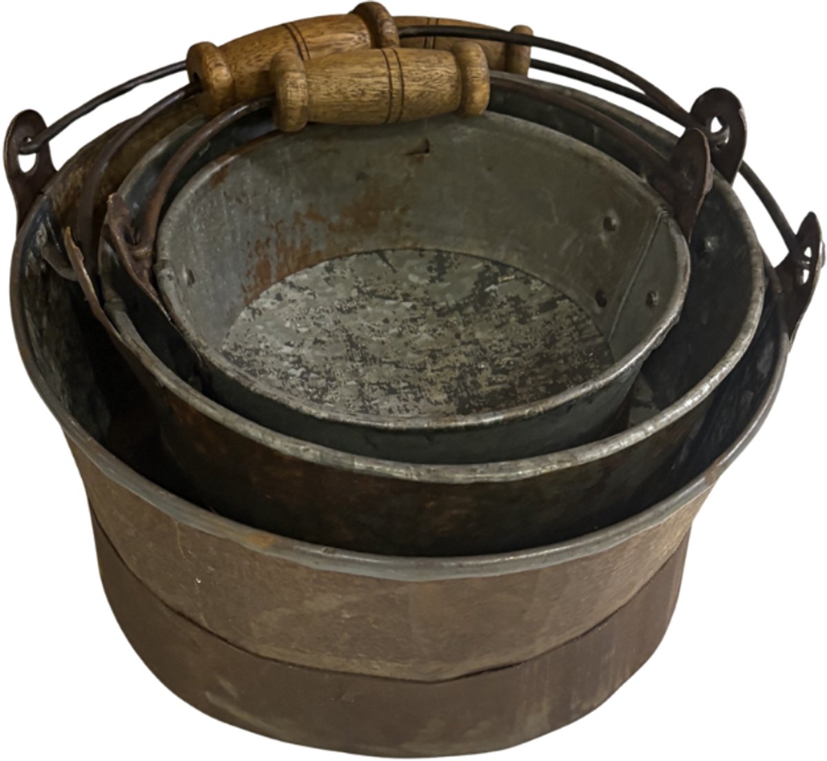 By Mooss - Emmer Set van 3 - Metaal - Vintage - Industrieel - Plantenpot - Bloempot - Opberger - Decoratie - Bruin - Ø15/20/25 cm