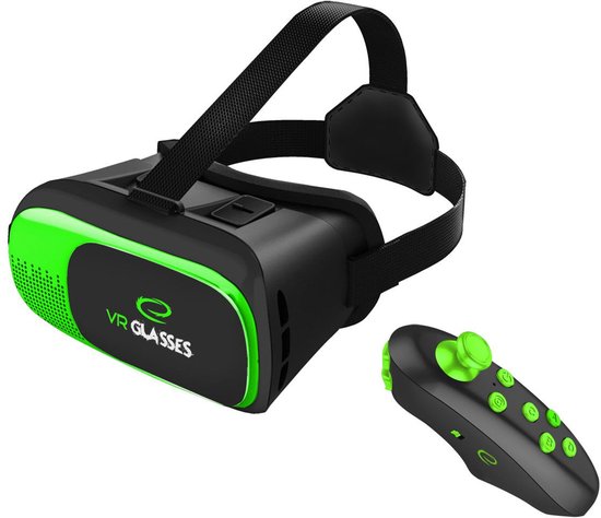 Zwarte VR bril met groene accenten en de tekst "VR GLASSES". Inclusief een zwarte controller met groene knoppen.