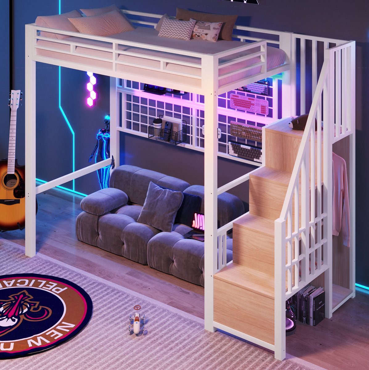 MEUNIQ Hoogslaper 90 x 200 cm van metaal met opbergtrap, hangrooster, open ruimte onder het bed en 7-kleuren LED, wit