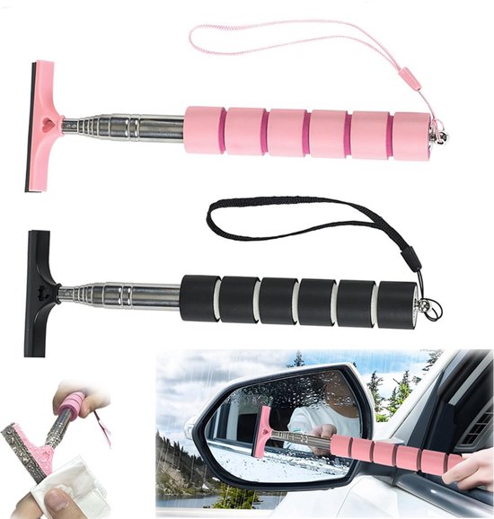 2 stuks - Autospiegel Wisser - telescopische ruitenwisser - Mini trekbare wisser voor autospiege - 21 tot 98cm - anti-slip handvat - siliconen wisserblad - voor autozijspiegel en badkamerspiegel regenreiniging - zwart + Roze