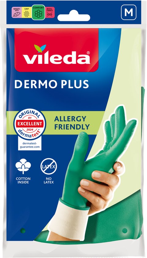 Emballage de gants Vileda Dermo Plus, verts, taille M, doublure coton, sans latex.