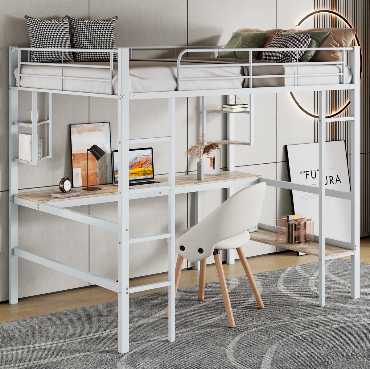 MEUNIQ Hoogslaper 90x200 cm met bureau, vaste ladder, vier kleine vakken en groot boekenrek, metalen bedframe voor kinderkamer in wit