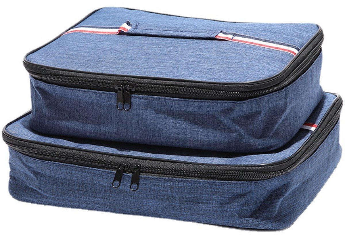 2 stuks geïsoleerde thermische lunchtassen-blauw-33x28x3cm 30x24x3cm-draagbaar plat bento tas-herbruikbaar warmhoud tas-eten opbergzak-dames heren-werk school uitje