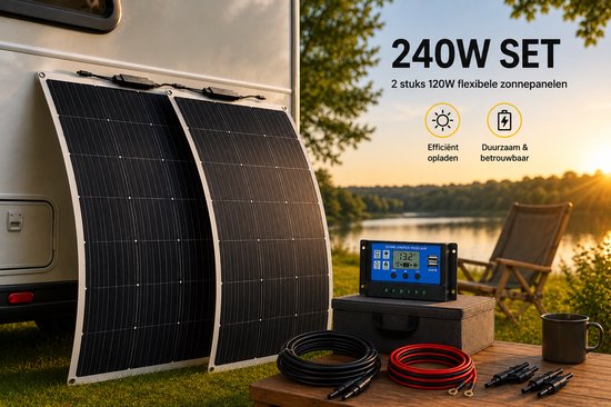 CINK Solar® Flex 240W Zonnepaneel Set - 2x 120W Flexibele Solar Panelen - 12V/24V - Inclusief Laadregelaar - Camper / Boot / Caravan / Balkon — afbeelding 4