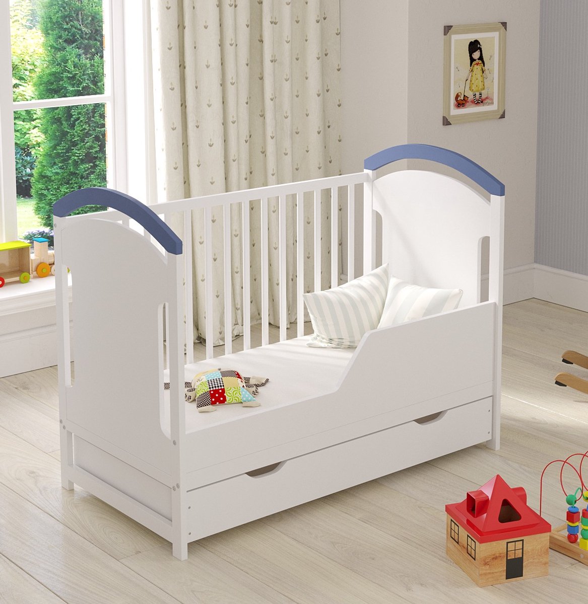 Love For Sleep Amie Babybedje 2-in-1 – Meegroeibed 120x60 cm – Inclusief Schuiflade & Extra Uitvalbeveiliging – Exclusief Matras – Massief Grenenhout – Blauw