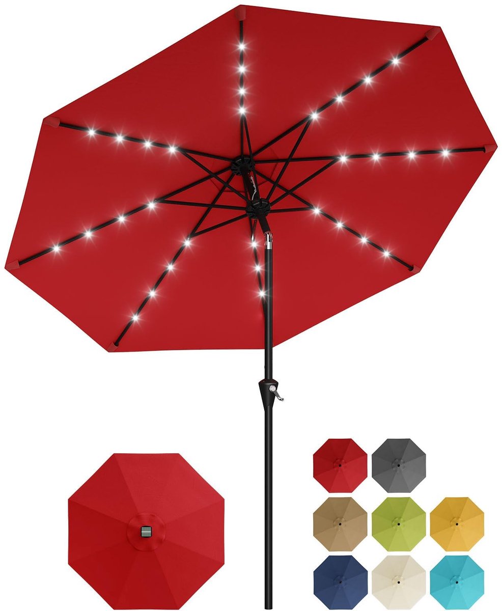 Parasol met Solar LED Verlichting - 300x300x240cm - Tuinparasol UV-bestendig met 8 Ribben en Kantelfunctie - Eenvoudig met Draaiknop - Zonder Voet - Voor Tuin Zwembad of Terras - Rood