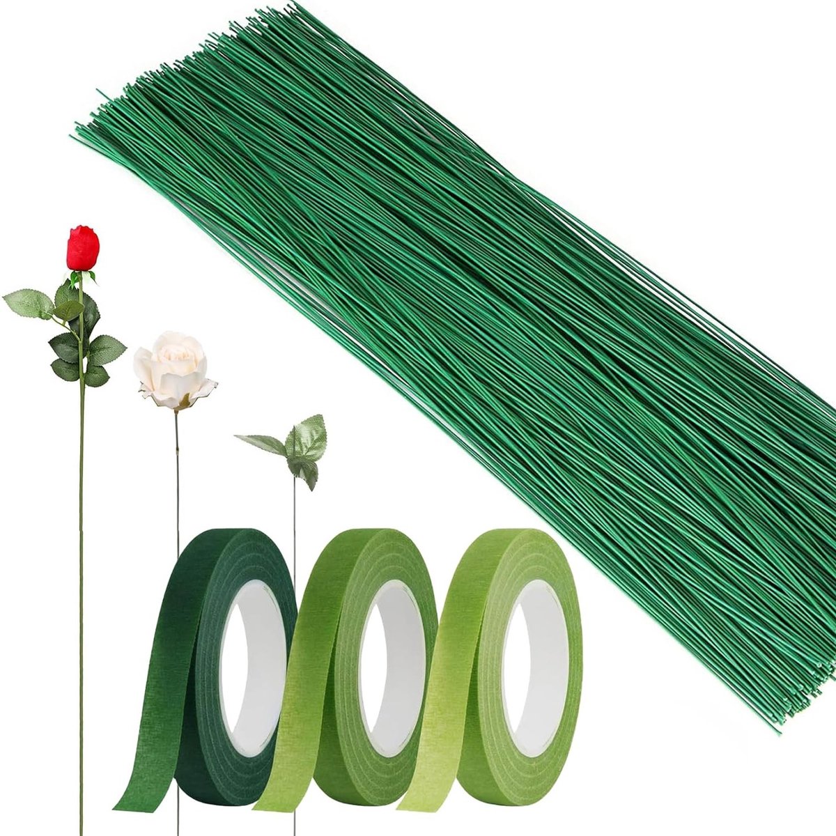 Hoogwaardige bloemschoenen van 30 cm met metalen draad voor bloemstukken, 100 stuks, groen