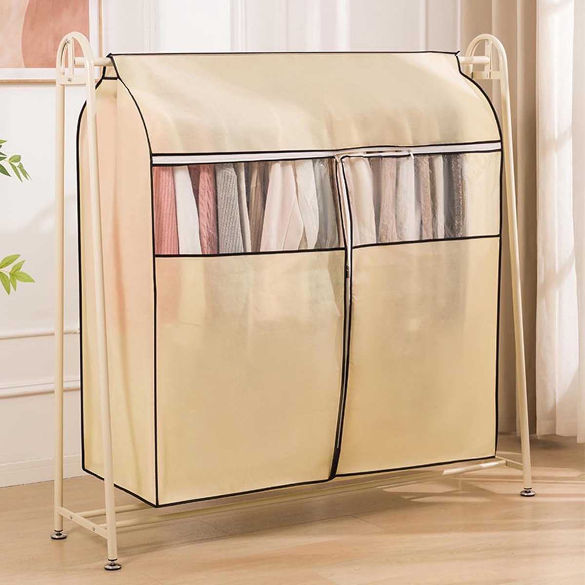 Kledingrekhoes Ademend - Kledingbeschermer - Kleding Opbergen - Met Transparant Venster - Tot 150 cm Breed - Beige