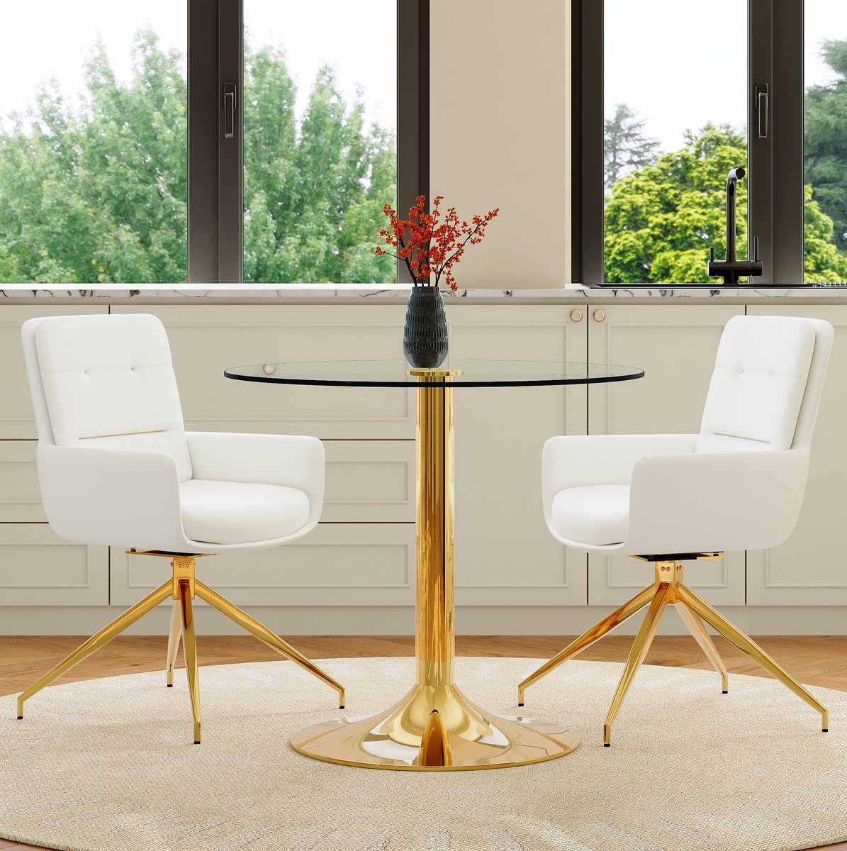Set Tafel En Stoelen - Ronde Glazen Eettafel Met 2 Draaibare Stoelen - Voor Eethoek En Ont