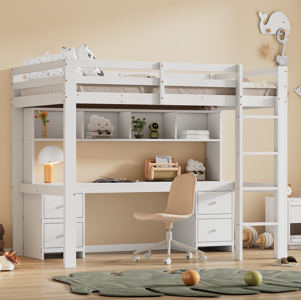 MEUNIQ Hoogslaper 90x200 cm met bureau, 4 lades en 4 open vakken, kinderbed met trap en hoge uitvalbeveiliging, wit, voor kinderkamer en studiehoek