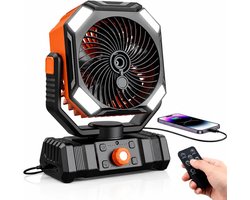 Draagbare campingventilator met een waterreservoir van 300 ml, oplaadbare batterij, ledverlichting, haak, timer en afstandsbediening. Geschikt voor gebruik binnen, op de camping, buitenshuis en op kantoor.