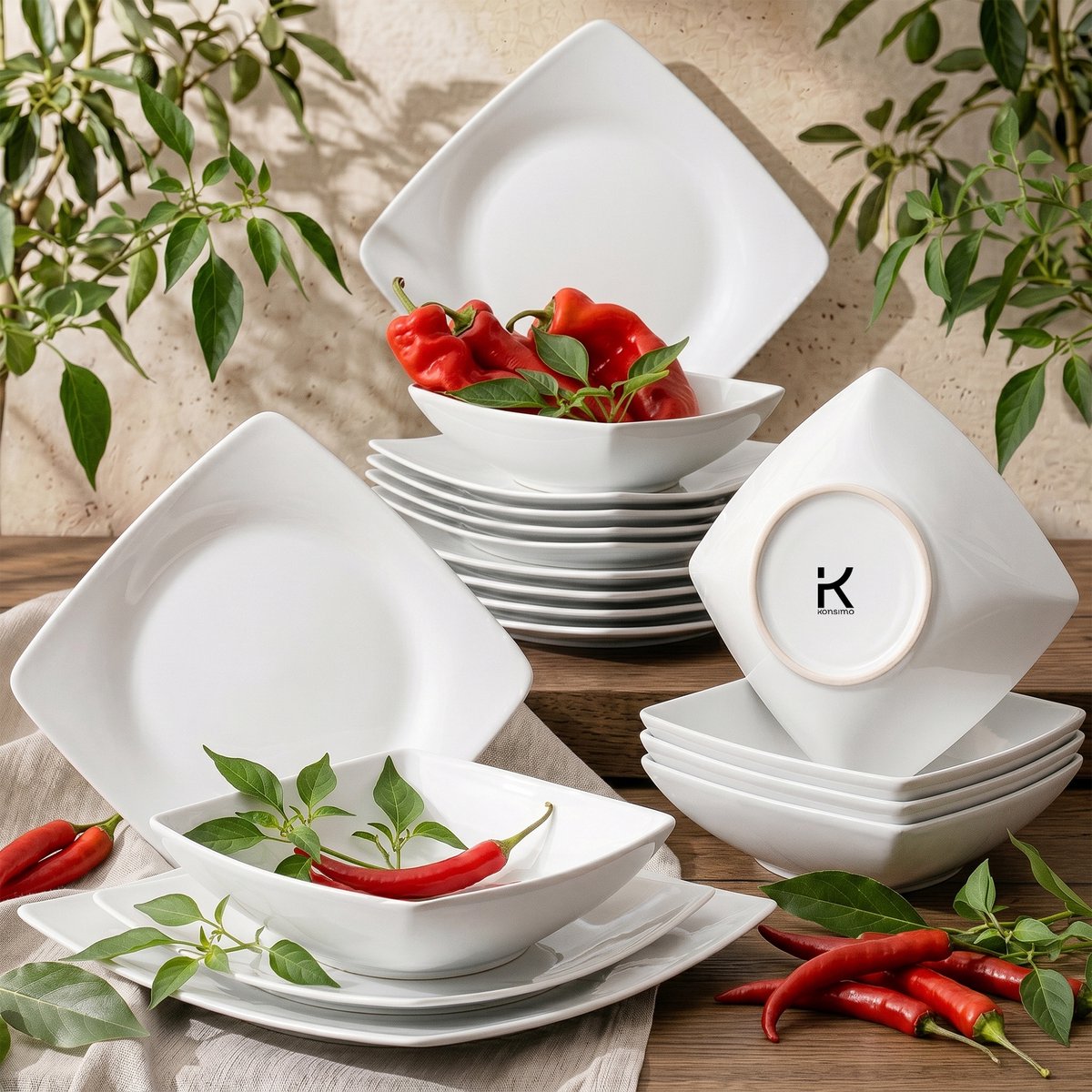 KONSIMO® EPIRI - Serviesset - 18 delig - 6 persoons - Keramiek - Geproduceerd in Europa - Wit - Dessertbord, Diepbord, Dinerbord