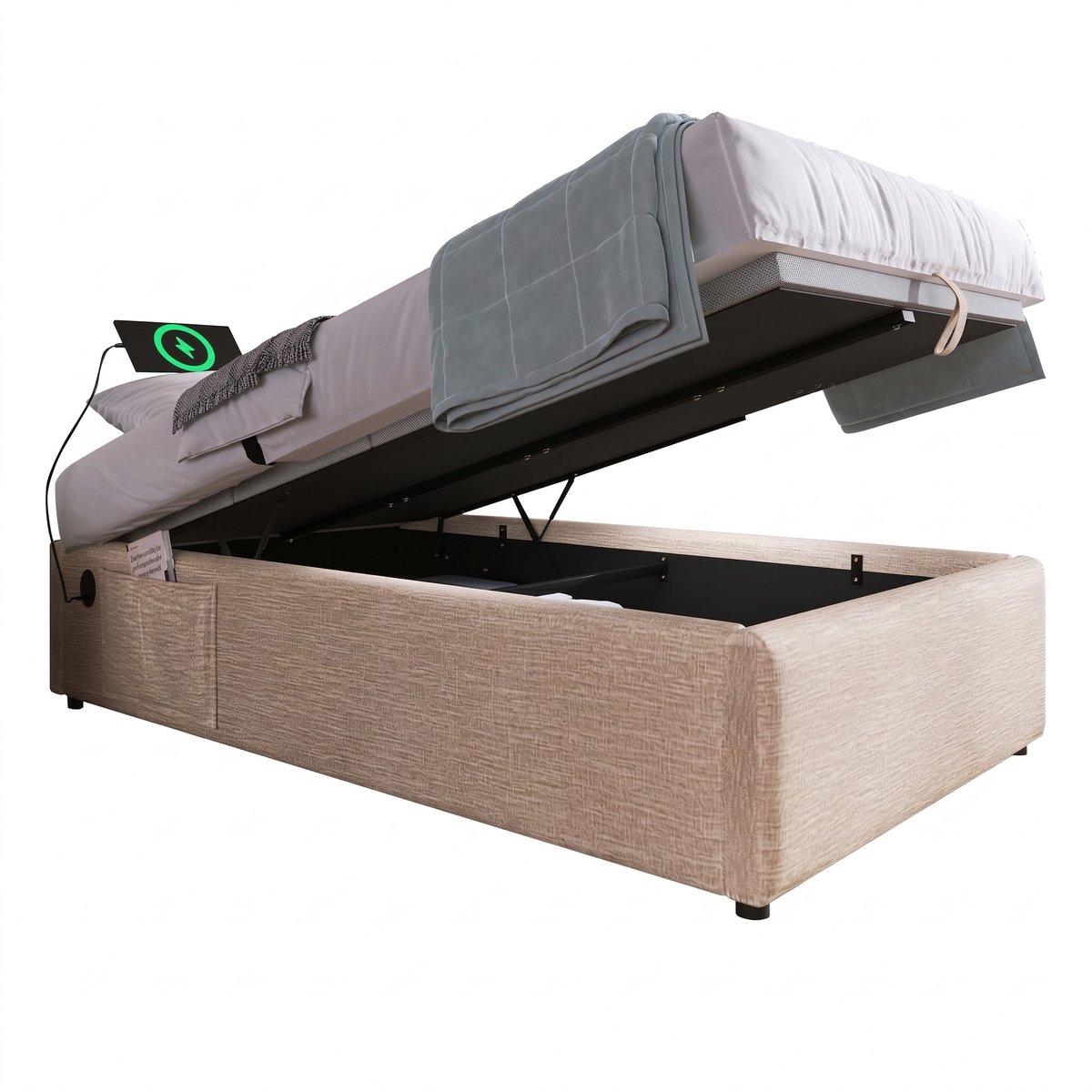 VVBV Gestoffeerd bed 90x200 / Eenpersoonsbed 90x200 – met Hydraulische Opbergruimte, Opbergruimte, USB, USB-C, Lattenbodem – Hoofdbord – Linnen – Beige Beige+Natural