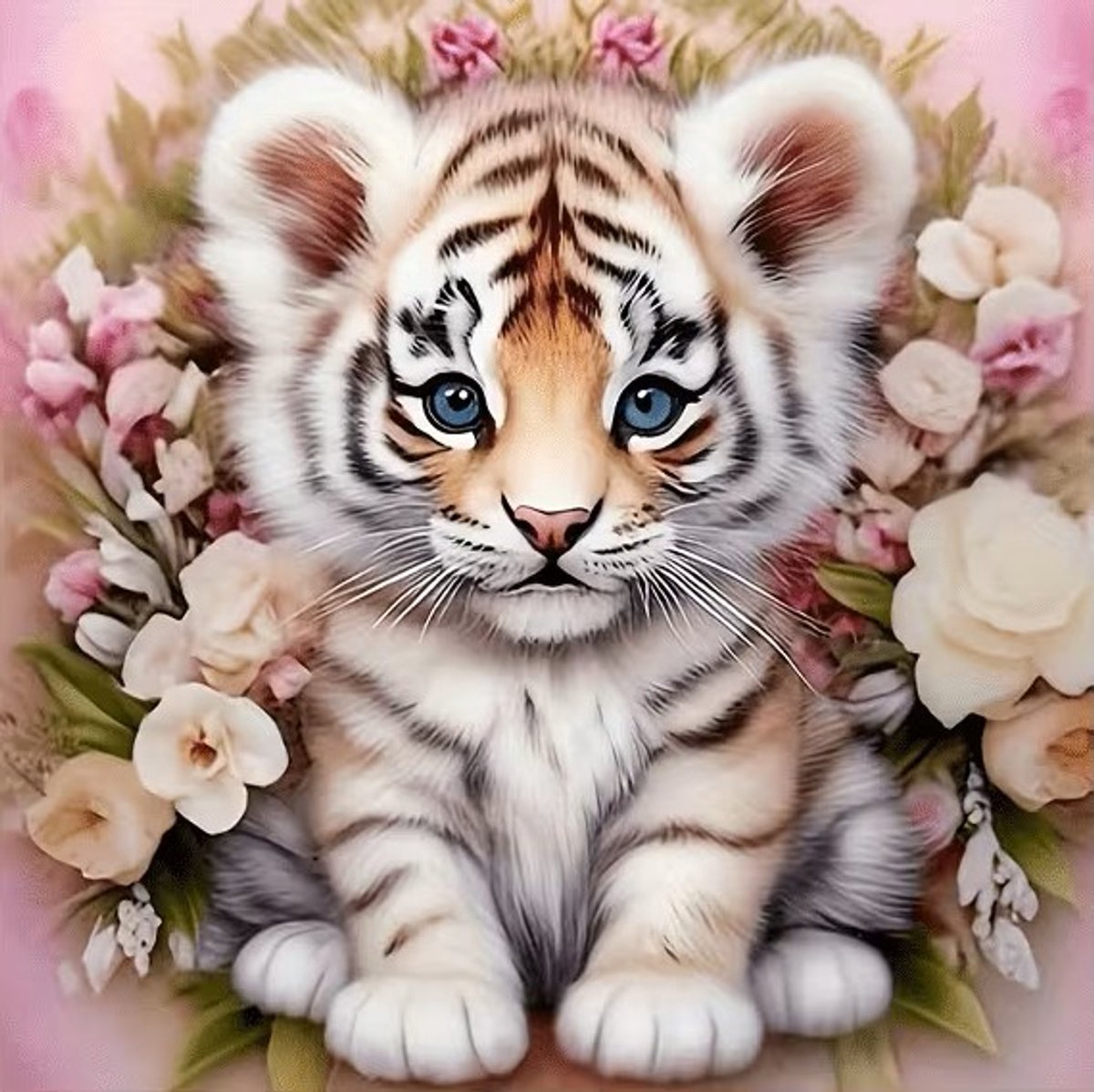 25x25cm Diamond painting tijger welpje bloemen nr 497