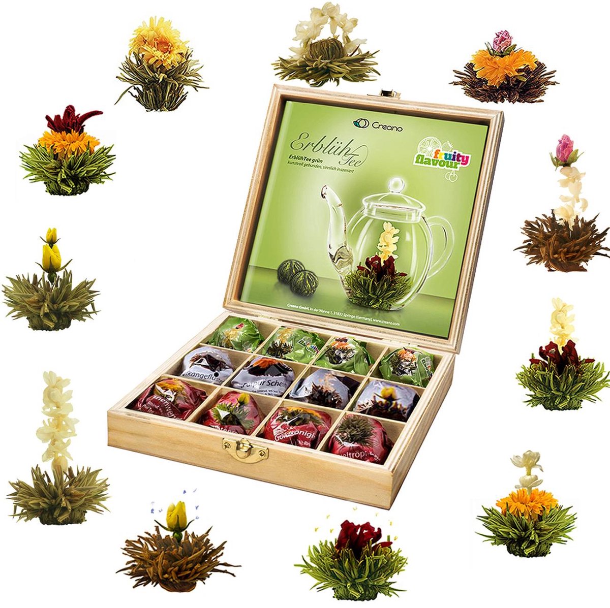 Luxe houten theedoos met theebloemen (12 stuks per stuk verpakt - witte thee - groene thee - zwarte thee)