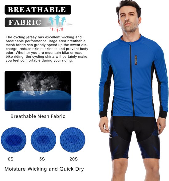 MEETYOO Fietsshirt Heren, Lange Mouw Fietstop voor Mannen, Ademend, voor Lange Afstand Fietsen, Volledige Ritssluiting, met Achterzakken -Blauw XXL — afbeelding 5